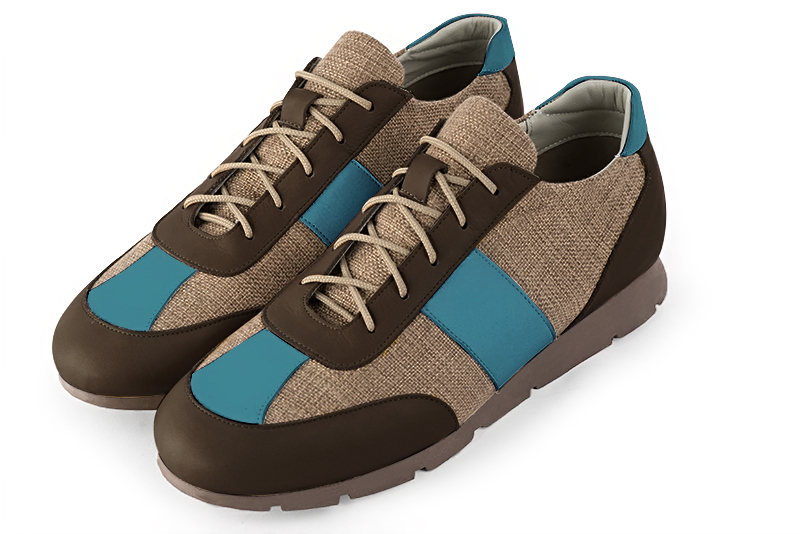 Dark brown and peacock blue two-tone dress sneakers for men. Round toe. Flat rubber soles - Florence KOOIJMAN
